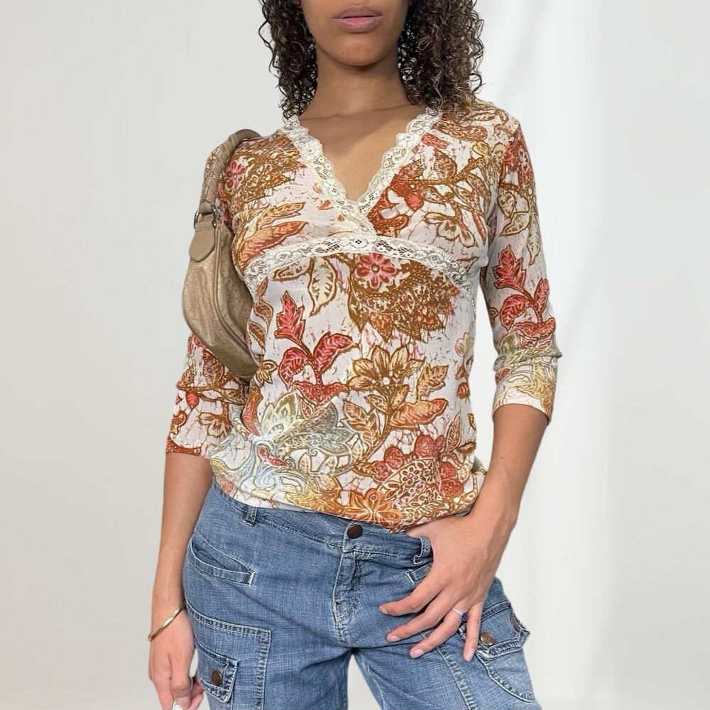 Made in Italy - vintage 90s cream & orange mesh 3/4 sleeves blouse (S) fairy